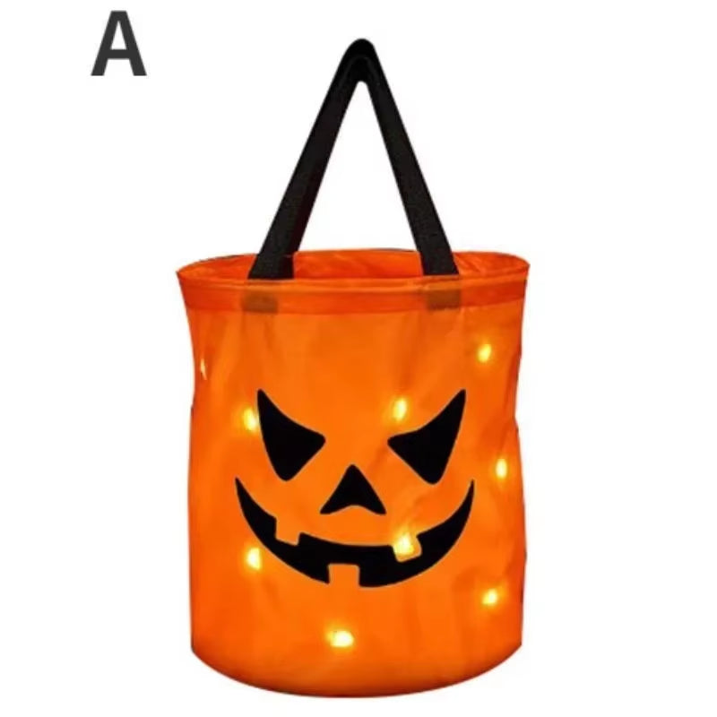 LED Light Halloween Trick or Treat Bucket Pumpkin Candy Bags Collapsible Halloween Basket for Thanksgiving Party Gift Basket