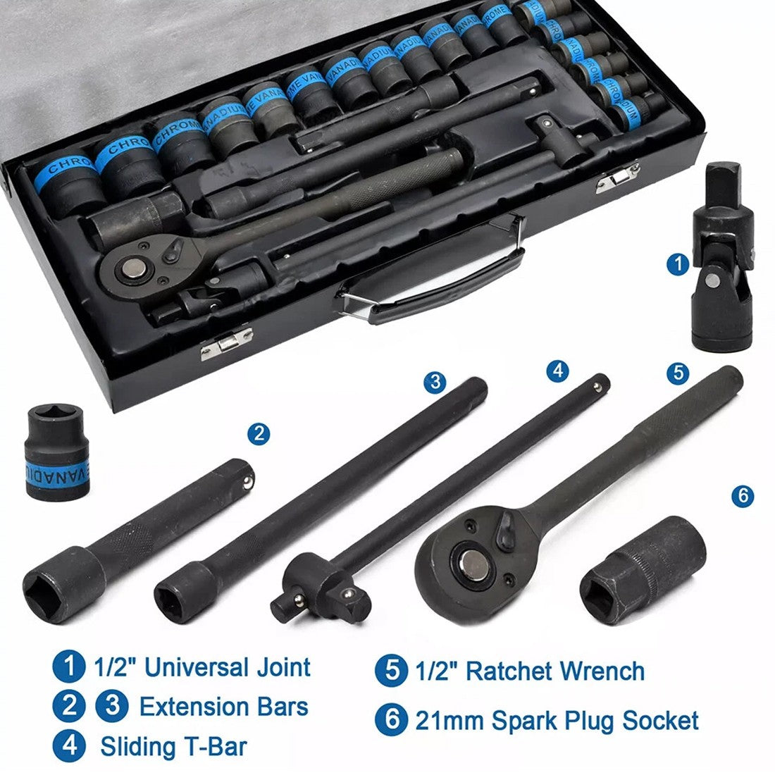 Heavy Duty 1&2 Ratchet Wrench Socket Set 8-32mm Metric Extension Bar Metal Case