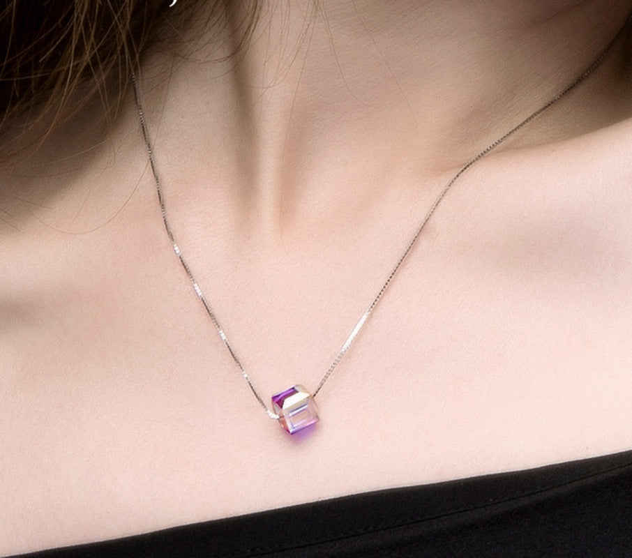 Aurora Sugar Cube Necklace Austrian Crystal Pendant Women's Accessories Short Section Korean Version Clavicle Hypoallergenic Pendant
