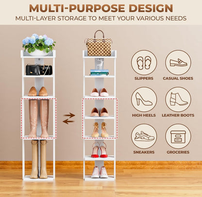 Tienily 7-Tier Narrow Shoe Rack, Wooden Shoe Shelf, Tall Slim Vertical Shoe Display Stand Holder For Entryway, Hallway, Home, Bedroom