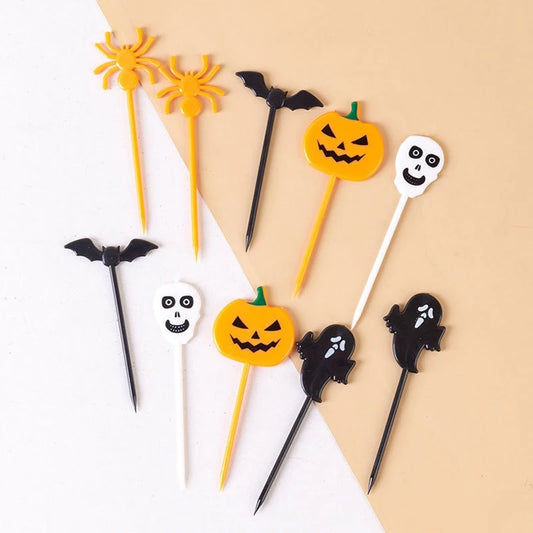 10PCS Plastic Halloween Toothpicks Halloween Cupcake Topper Ghost Bat Spider Fruit Toothpicks Halloween Party Cake Decorations
