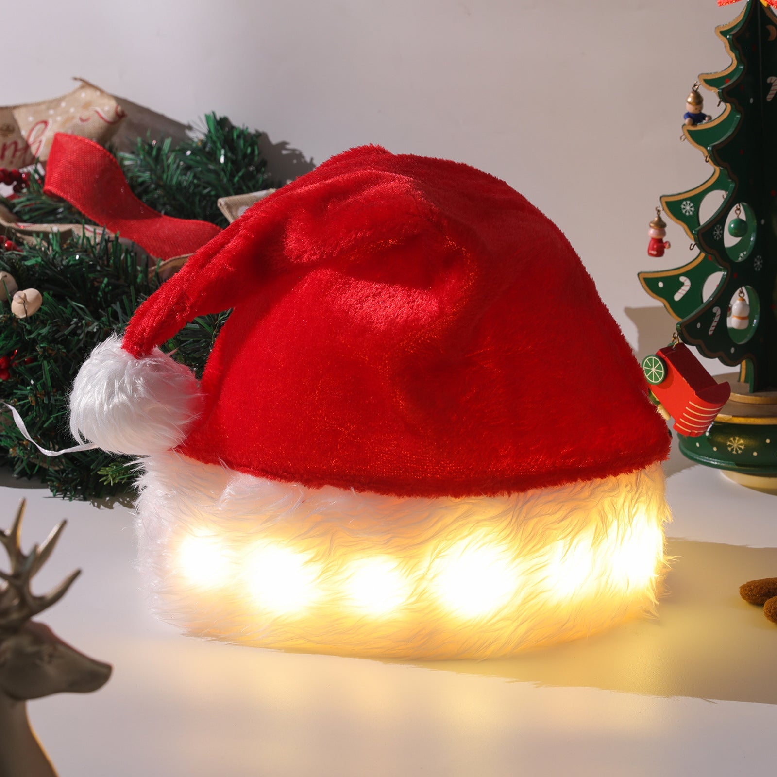LED Illuminated Plush Santa Hat for Adults and Children - Festive Christmas Home Decoration and Holiday Supplies