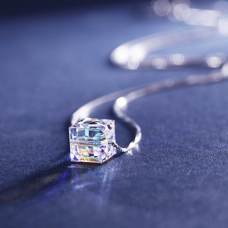 Aurora Sugar Cube Necklace Austrian Crystal Pendant Women's Accessories Short Section Korean Version Clavicle Hypoallergenic Pendant
