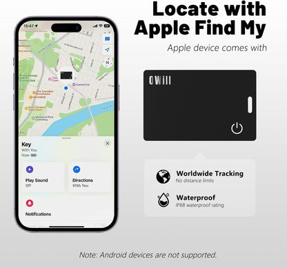 Owill 2mm Slim Wallet Tracker Card - IP68 Wireless Rechargeable Air Smart Tag Compatible with Apple Find My App for Luggage and Suitcases (iOS Only)