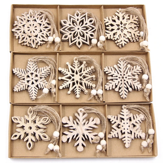 12Pcs/Box Vintage Snowflake Christmas Wooden Pendants Ornaments Christmas Tree Ornaments Christmas Decorations Hanging Gifts