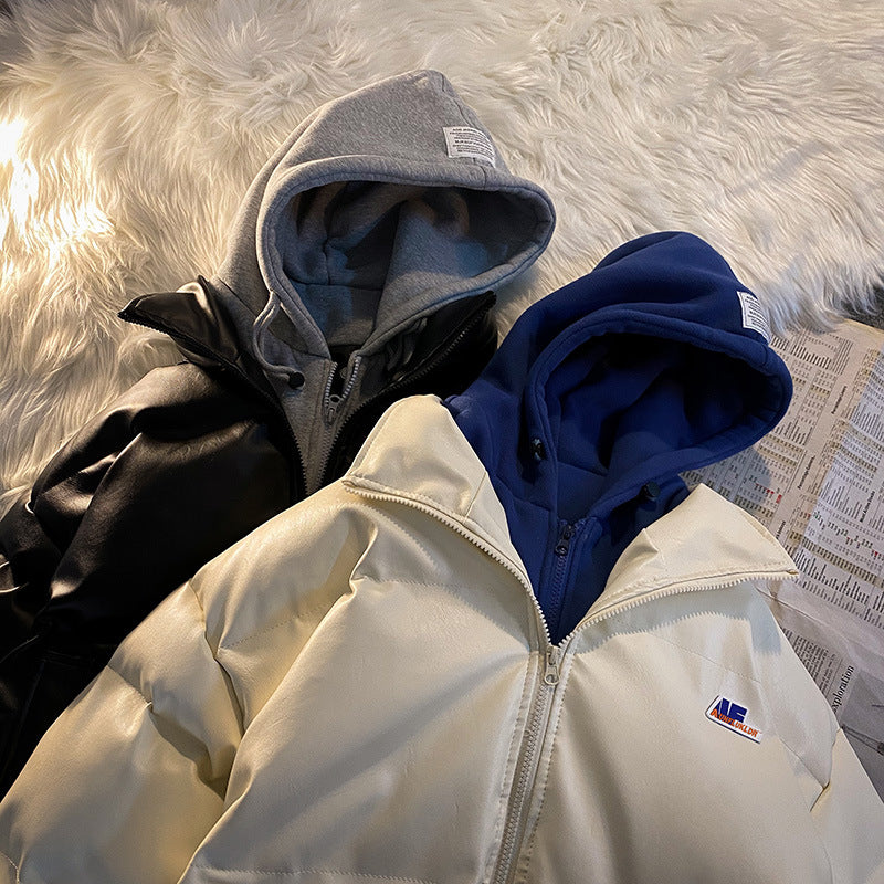 Pu Leather Cotton Coat Men's Winter Thickened Korean Version Of The Hooded Cotton Coat Loose Couple Cotton Jacket Coat
