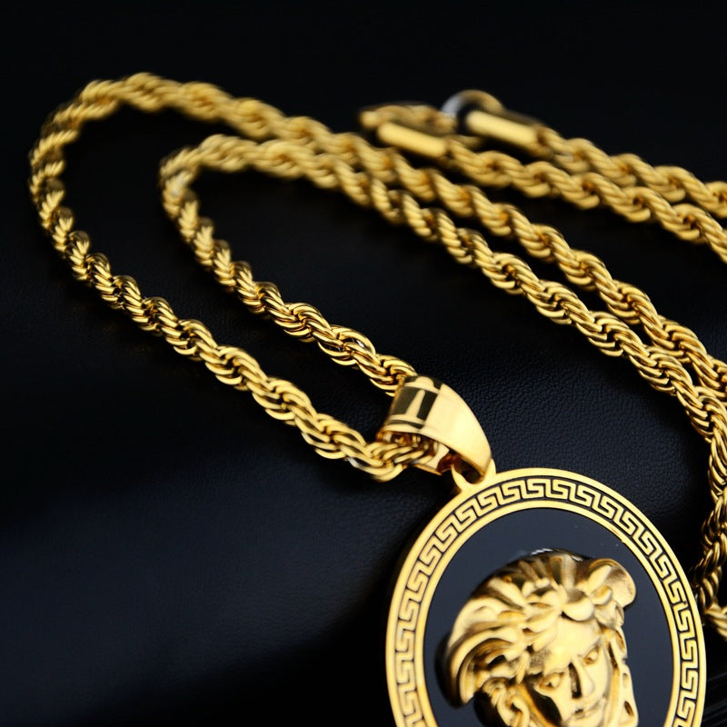 Nightclub Hip-hop Simple Fashion Personality Greek Head Titanium Steel Necklace Pendant Men's And Women's Twist Chain