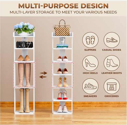 Tienily 7-Tier Narrow Shoe Rack, Wooden Shoe Shelf, Tall Slim Vertical Shoe Display Stand Holder For Entryway, Hallway, Home, Bedroom