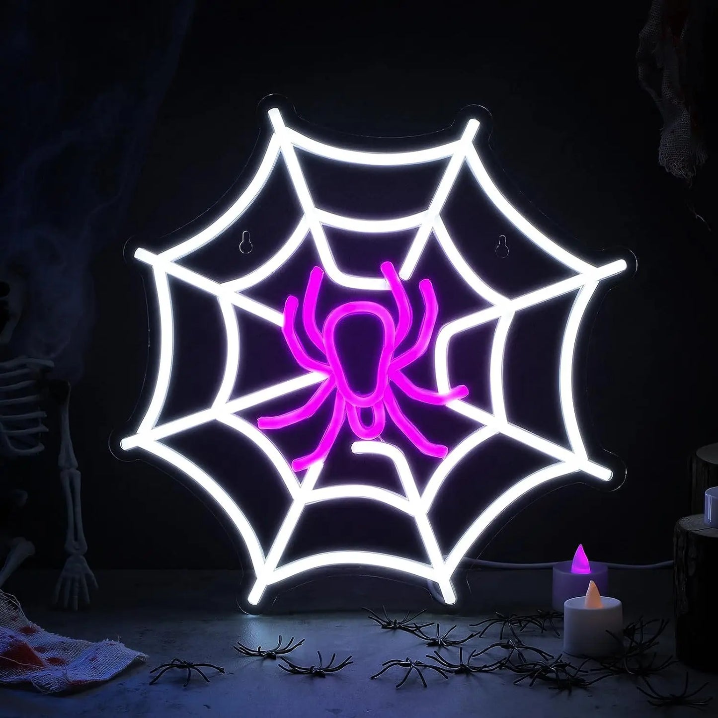 Spider Web Neon Sign Lighted Wall Art Decoration Halloween Led Sign Neon Light for Halloween Wedding Ceremony Party Decor Gift