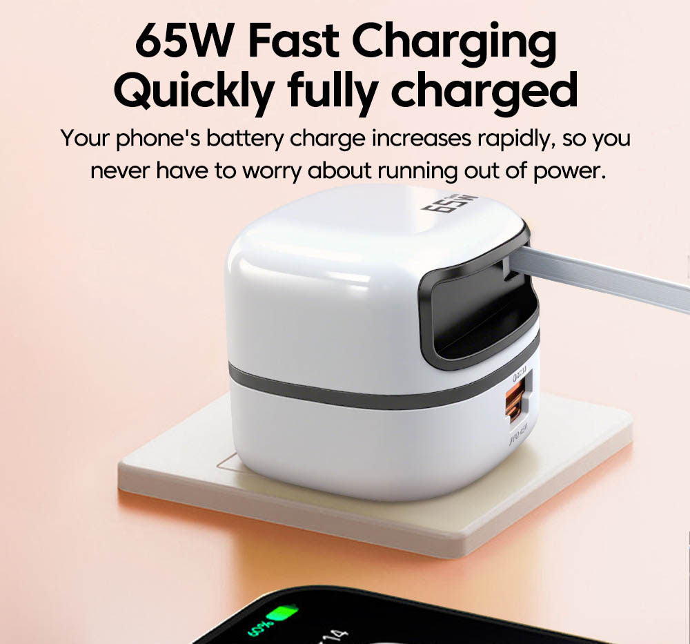 New Retractable Cord 65W Fast Charging Charger Portable Foldableing Foot Small Volume Portable Charger